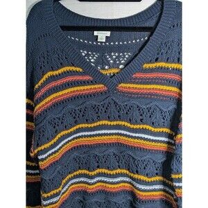 SUNDANCE Boho Crochet Knit Sweater S Navy Blue Yellow Orange Striped SUMMER Vibe